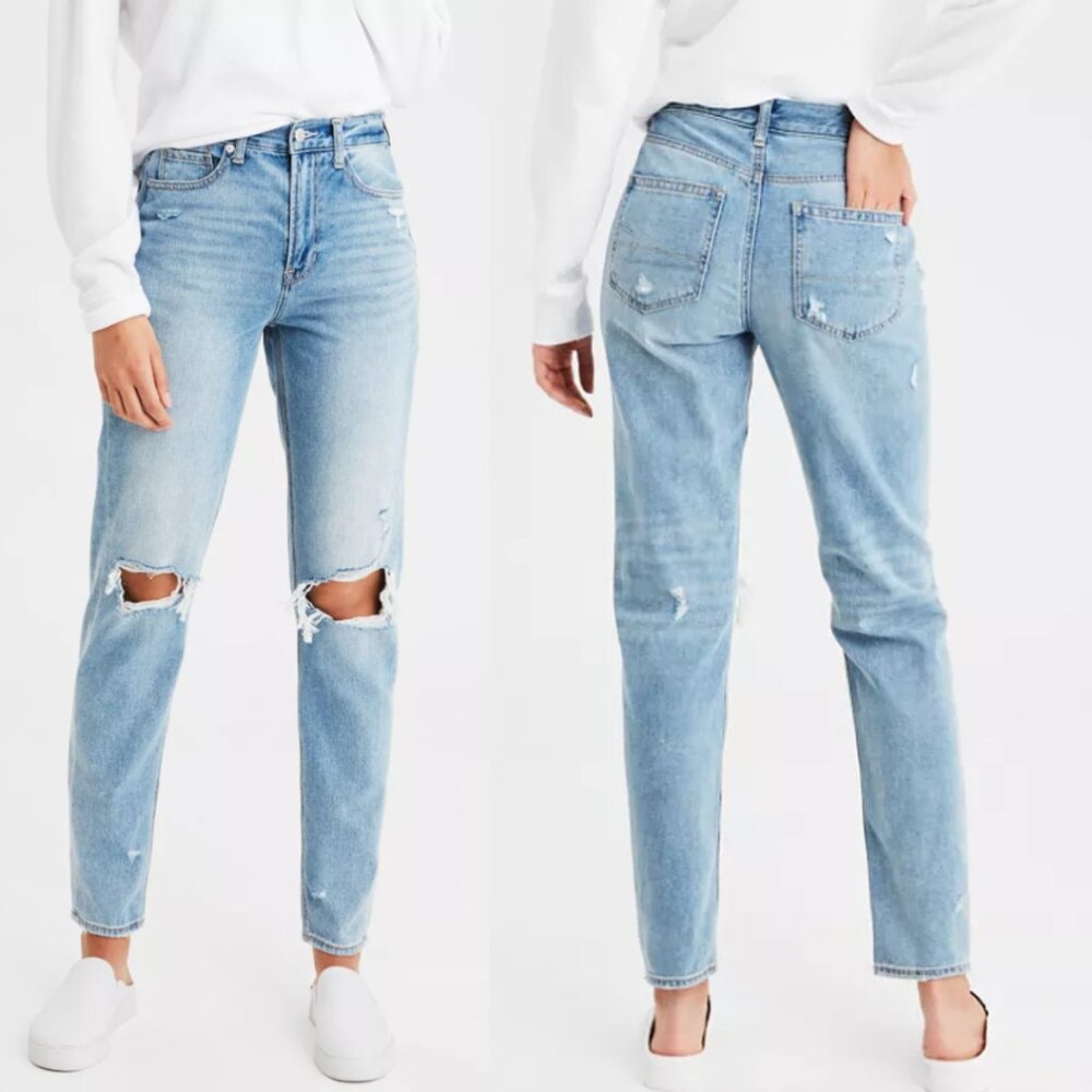 AMERICAN EAGLE Distressed Ripped Light Wash Mom Jeans Womens Sz 4 Short Casual